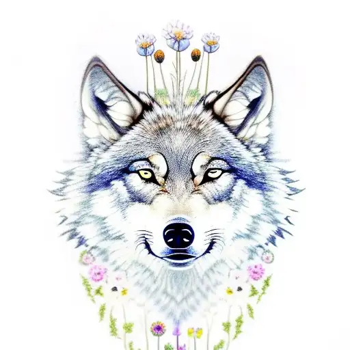 A Realistic Depiction Of A Wolf Surrounded By Vibrant Flowers And Plants