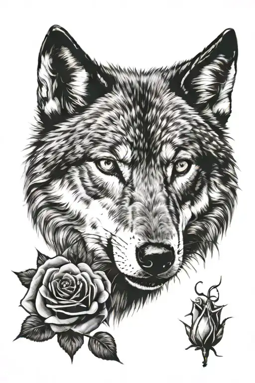 Wolf And Roses On Black Background