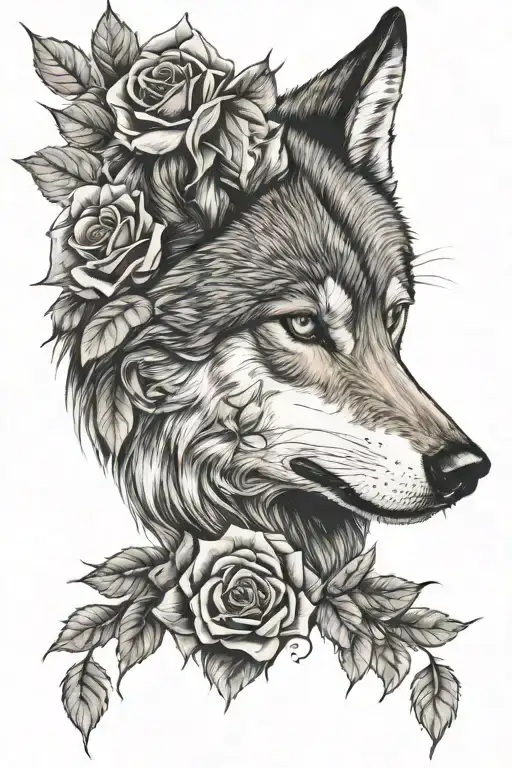 Wolf And Roses On Black Background