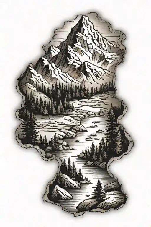Mountain With River Red Wood Forest Scene