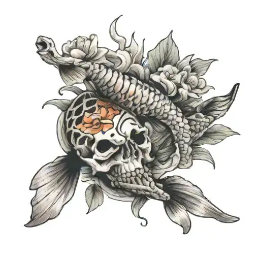 Skeleton Hand And Koi Fish Swimming