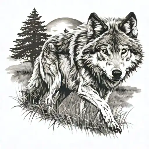 Wolf In Open Field Surrounded