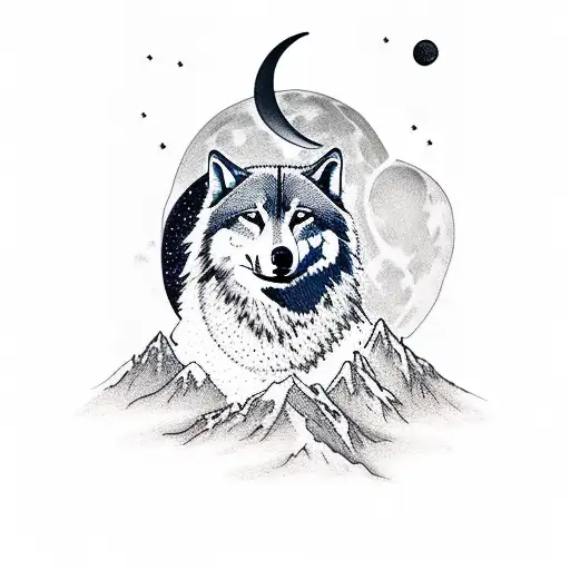 Moon With Moutain And Wolf