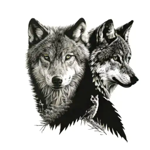 Wolf And Owl In Open Field