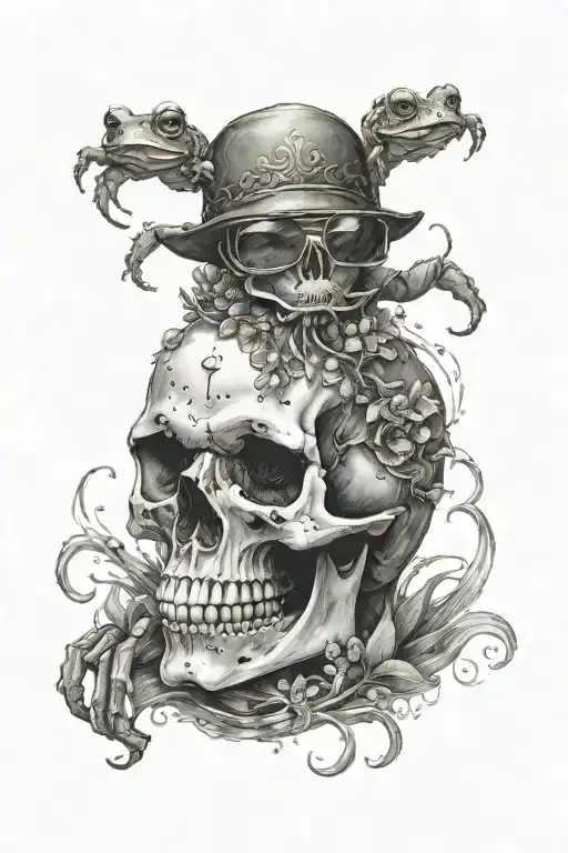 Skull With Crystals Growing On It With A Frog Smoking On The Top Of The Head