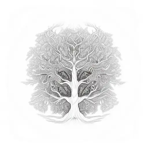 A Mystical Tree Of Old With Intricate Patterns Representing The 12 Main Religions