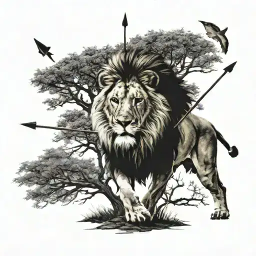 Lion Walking Up To Alone Tree With Arrow In Back