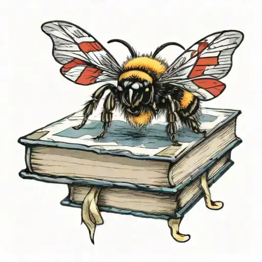 A Bumblebee Flying Around A Stack Of Books With A Norwegian Flag Waving In The Background
