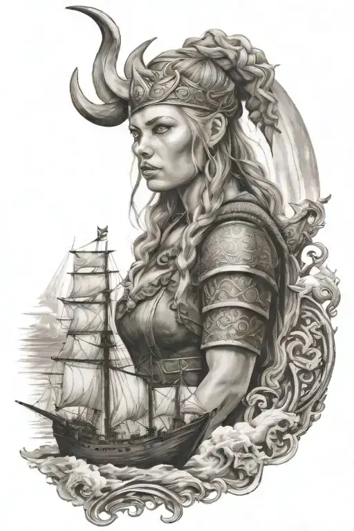 Woman Viking Whit Wapon And Ship On The Background