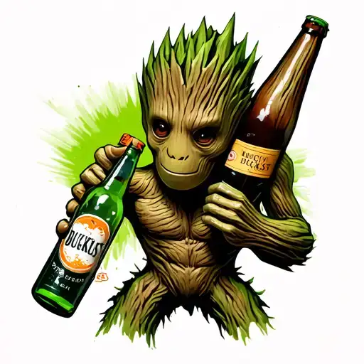Tattoo Design Of Groot Holding A Bottle Of Buckfast