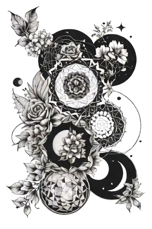 Moons In Different Phases With Flowers And Geometrical Shapes