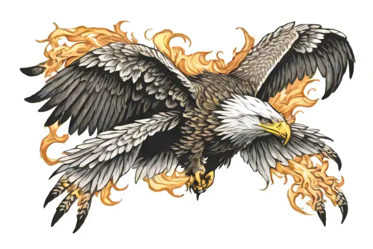 Eagle With Wings Spread Looking Straight Ahead With Flames Behind It
