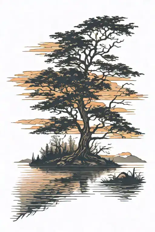 Curved Tree Over Lake With Sunset In The Background