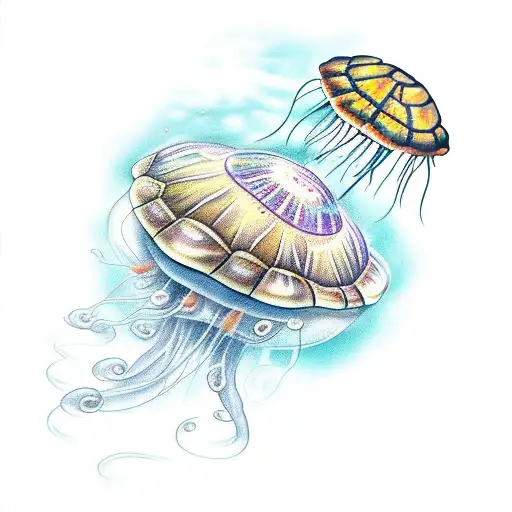 Jellyfish With Turtle And Flowers
