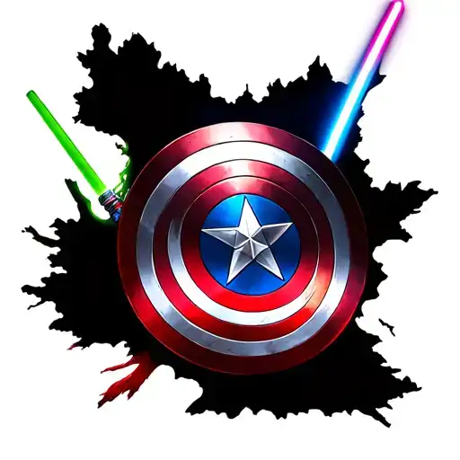 Captain America Shield Surrounded By A Lightsaber And The Tree Of Gondor