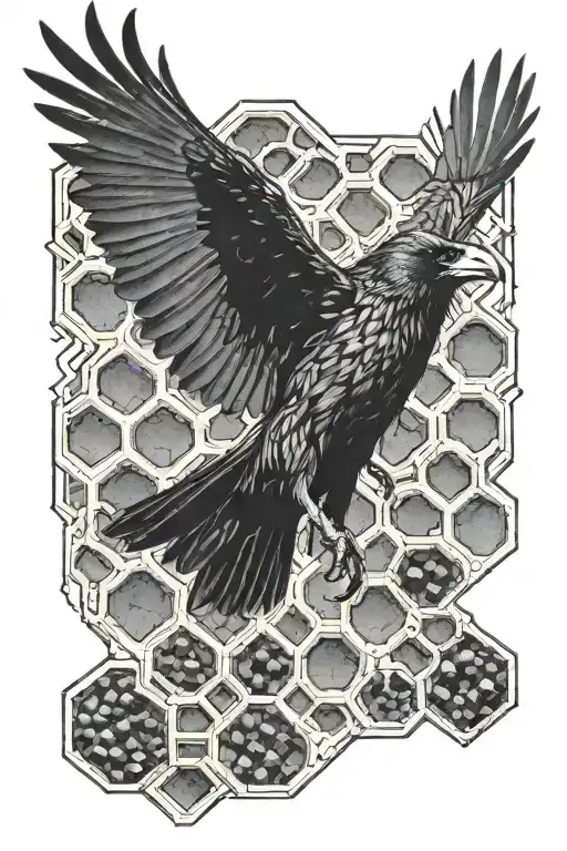 Front View Of A Raven Flying With A Honeycomb Design Behind It