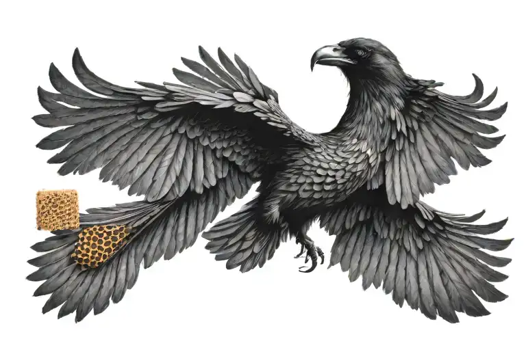 Front View Of A Raven Flying With A Honeycomb Design Behind It