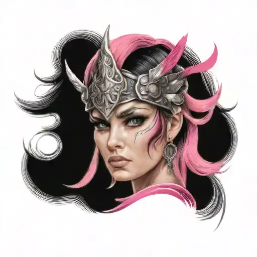 Valkyrie Woman Face Looking Forward And Pink With Colors