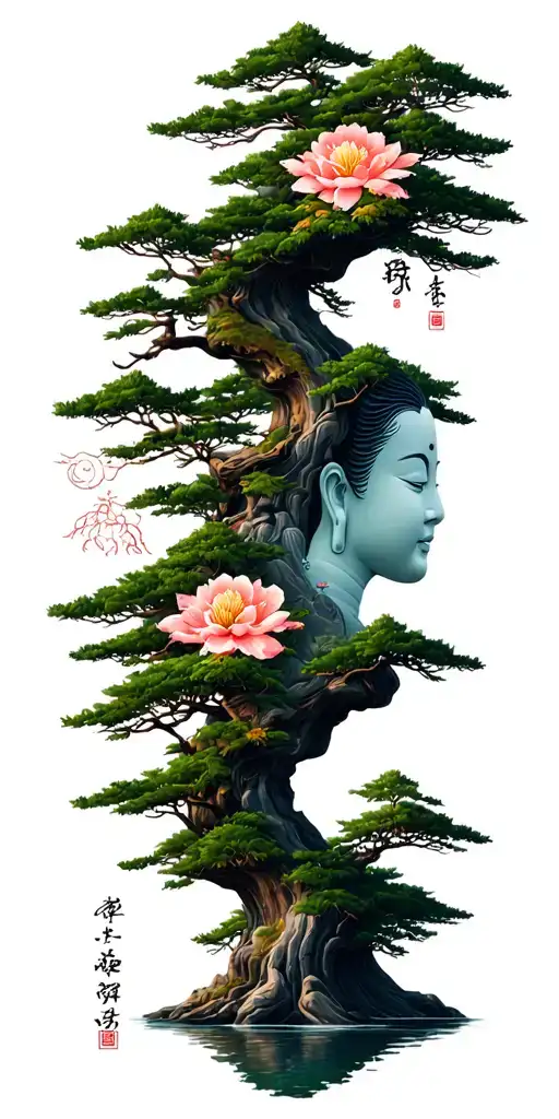 Nova Scotia Nature Landscape Combined With Buddist Symbols In Japanese Style