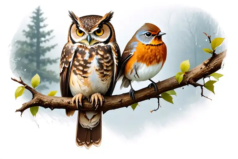 Owl And Robin Perched On A Brach Scene Blended Elements Of Nature