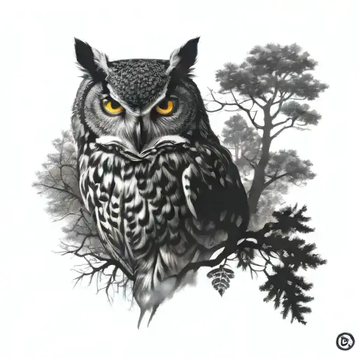 Owl With Trees And 3 Wolf Shadows
