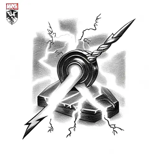 Thor's Hammer Of Marvel Surrounded By Lightning Bolts In Black And White