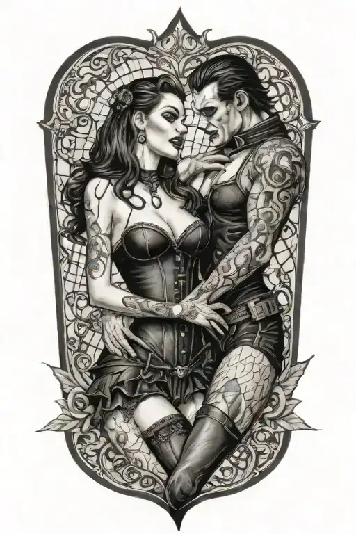 Realistic Scene Of A Gothic Pinup Girl In A Corset And Fishnets Being Bitten By A Male Vampire