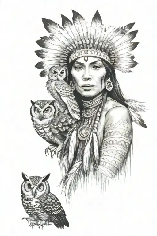 Native American Woman With Owl Perched