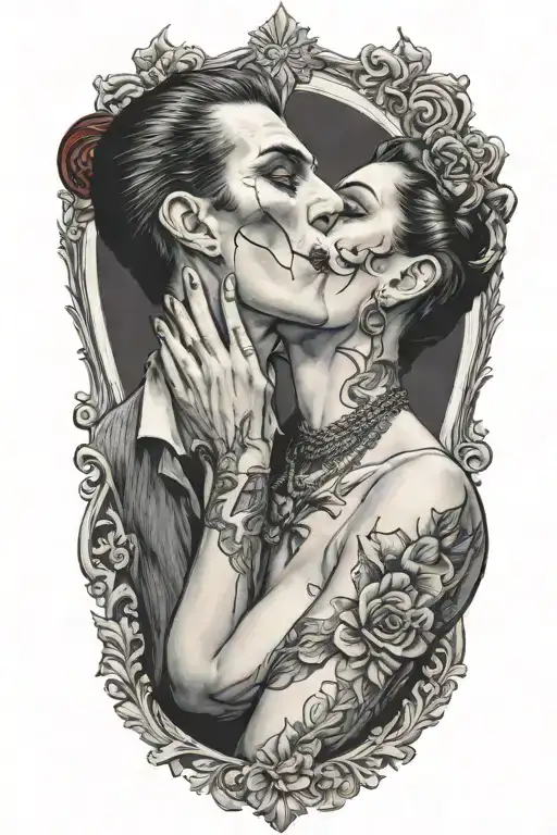 Male Vampire Bitting Neck Of A Gothic Pinup Girl From Behind