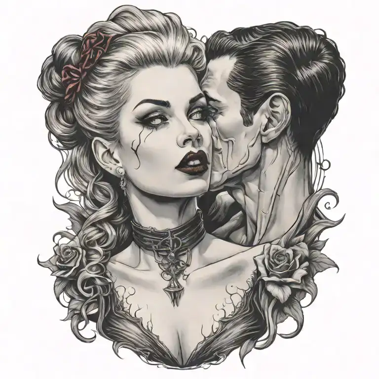 Male Vampire Bitting Neck Of A Gothic Pinup Girl From Behind