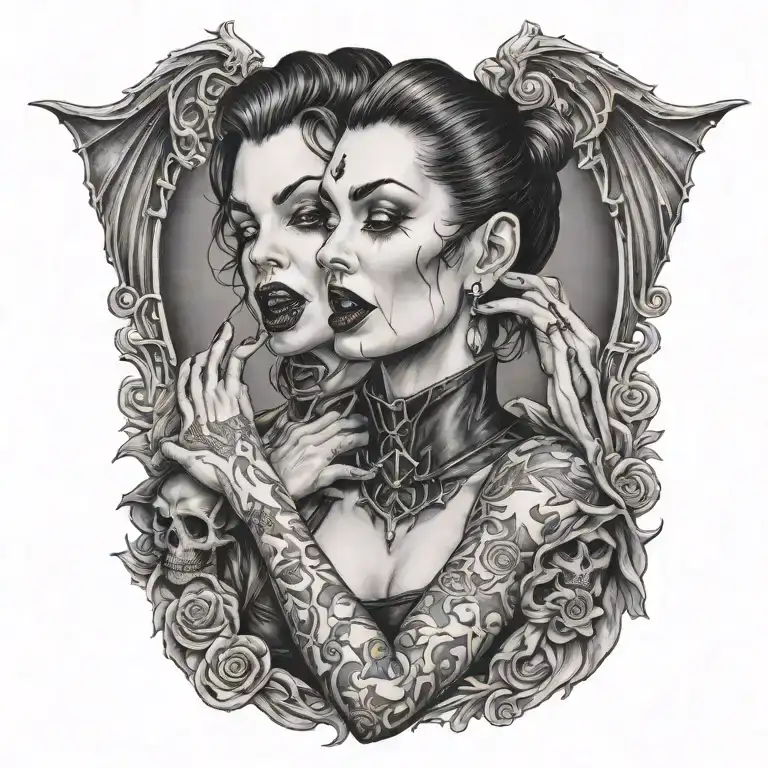 Male Vampire Bitting Neck Of A Gothic Pinup Girl Sitting