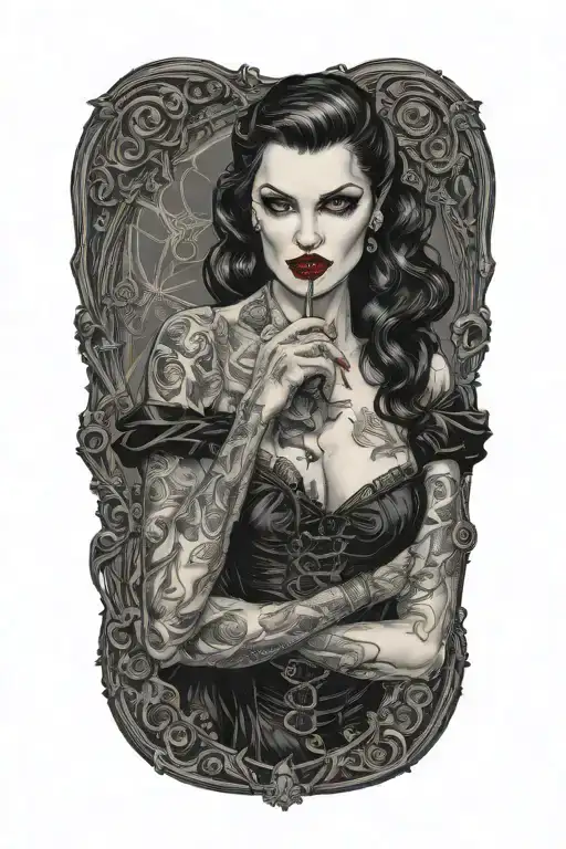 Gothic Pinup Woman With Vampire Bitting Her