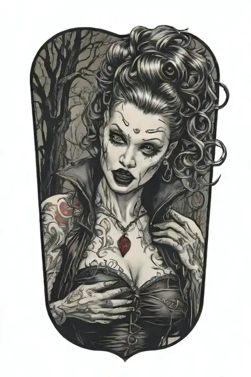 Gothic Pinup Woman With Vampire Bitting Her Neck With Woods Background