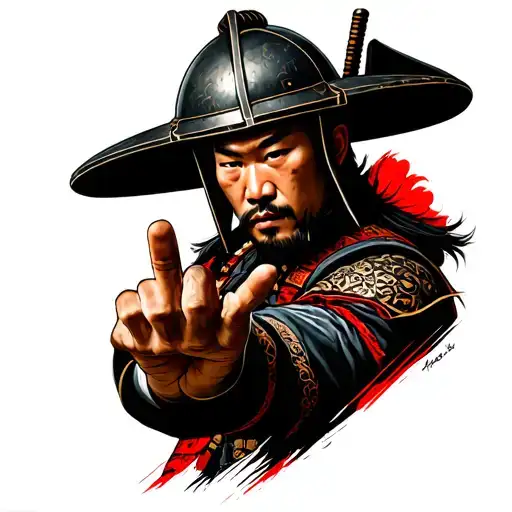 Portrait Of A Shogun Samurai With Kabuto Helmet Doing A Hiphop Handsign