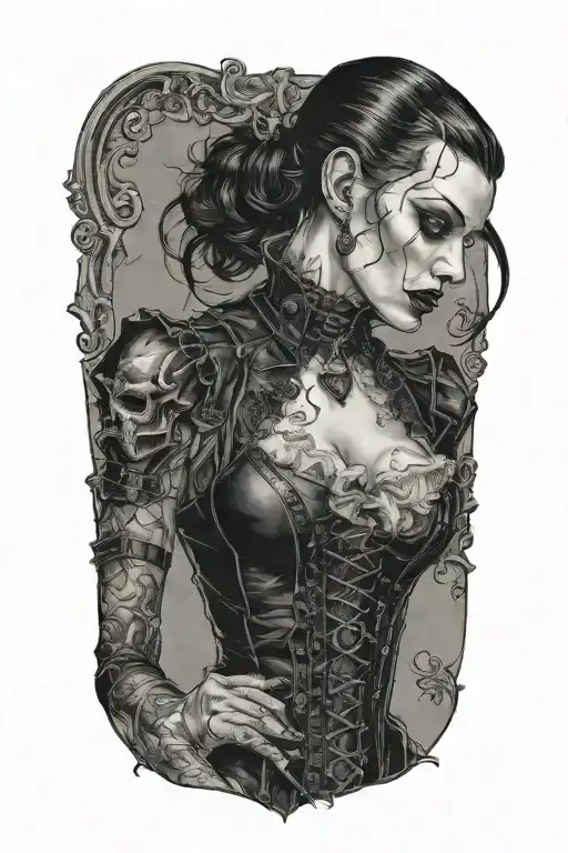Male Vampire Bitting Neck Of Gothic Pinup Girl Wearing Corset And Fishnets