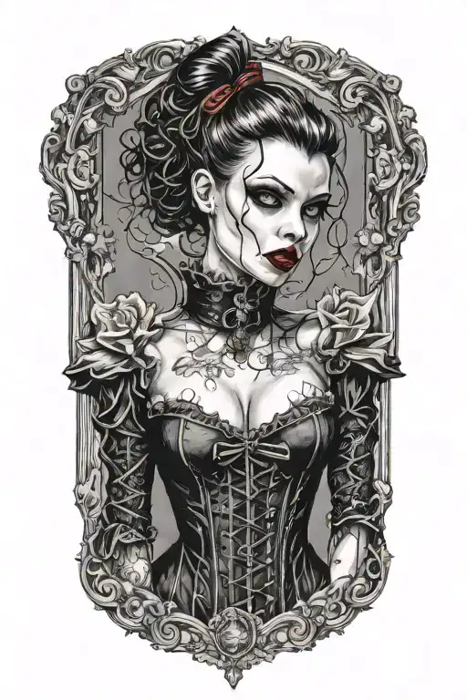 Male Vampire Bitting Neck Of Gothic Pinup Girl Wearing Corset And Fishnets