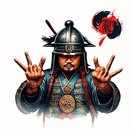 Chicano Style Portrait Of A Shogun Samurai With Kabuto Helmet Doing A Hiphop Handsign