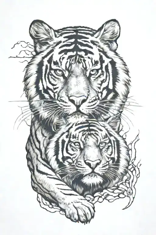 Moon And Tiger In The Dark At Night