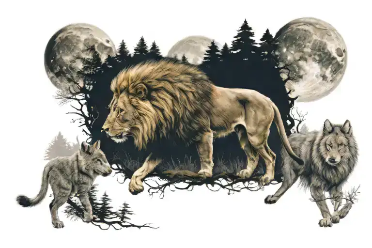 Lion And Wolf With Forest Path In Middle And Moon Merging Together