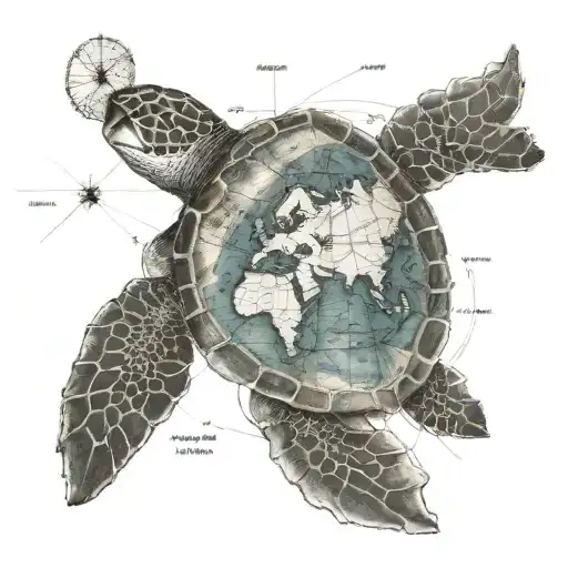 A Sea Turtle With A Map Of The World And A Small Boat Drawn In Its Shell