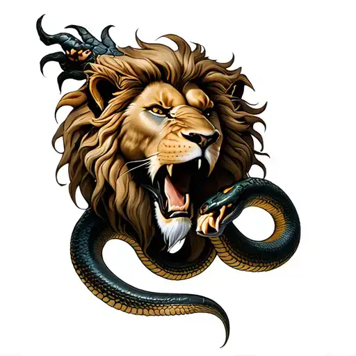 Triumphant Lion Crushing Head Of Coiled Serpent With Paw