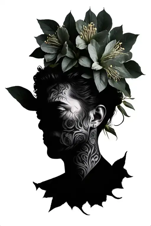 Black And Grey Realism Fod Head Surrounded By Rhododendron