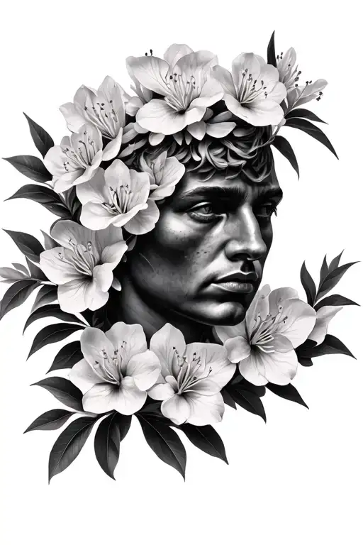 Black And Grey Realism Fod Head Surrounded By Rhododendron