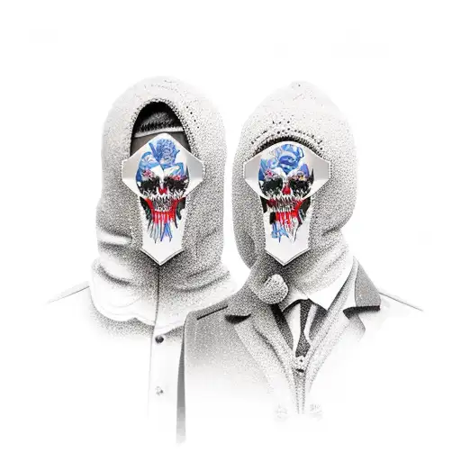 Two Men In Suits With Ski Masks And Guns With Floral Background