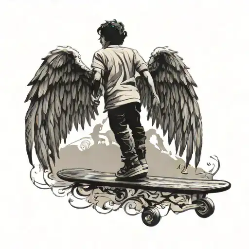 Silhouette Of A Teenage Boy With Angel Wings Skateboarding