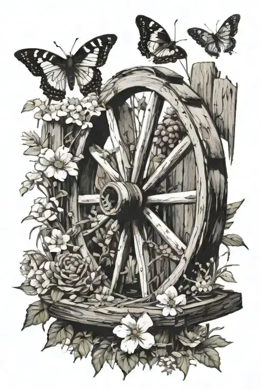 Wagon Wheel Leaning On Fence Post Surrounded By Flowers And Butterflies