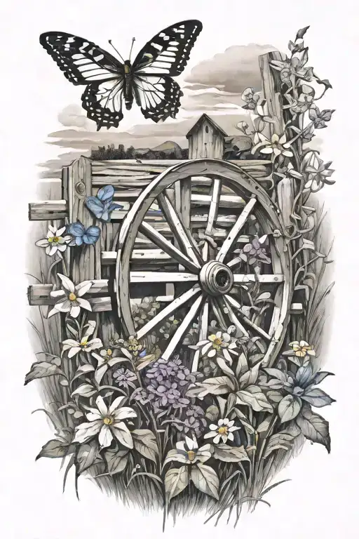 Country Landscape With Wagon Wheel Leaning On Fence Post Surrounded By Flowers And Butterflies