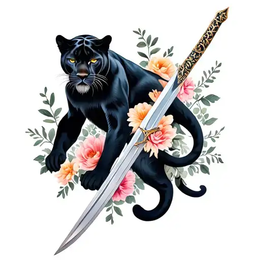 Full Body Panther With Sword And Flowers