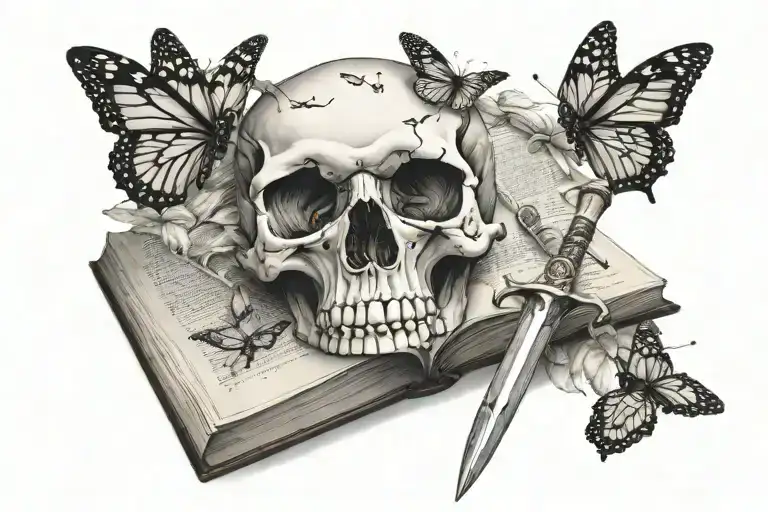 Skull Stabbed By A Dagger Over A Book With Monarch Butterflies