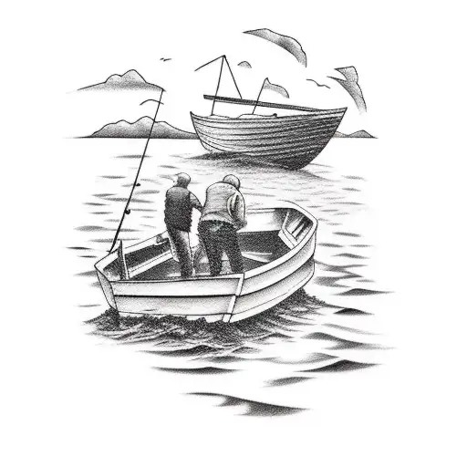 Old Man Fishing In A Small And Wrecked Boat